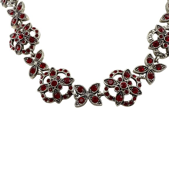Napier Vintage Red Rhinestone Flower Statement Necklace Silver Tone - Picture 8 of 9